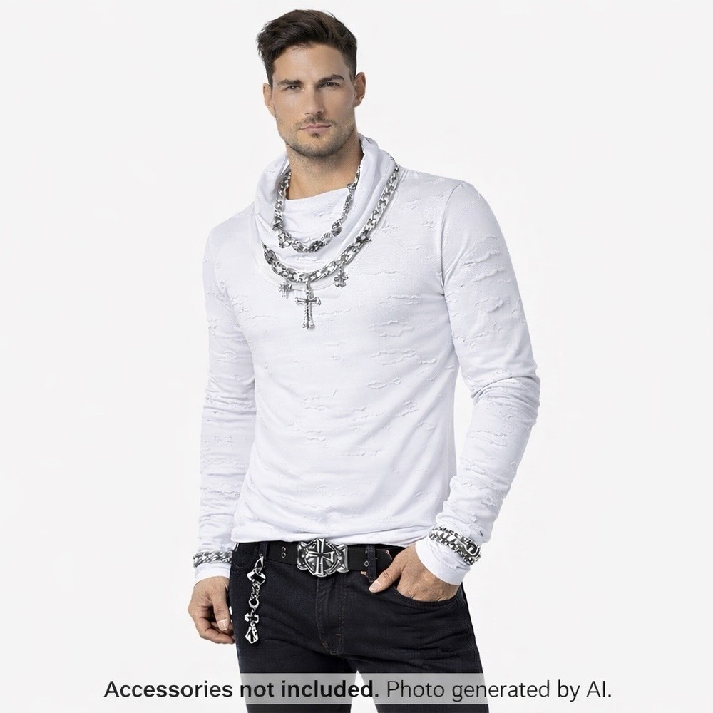 Mens Cowl Neck White Shirt Long‎ Sleeve Distressed Gothic Inspired Streetwear XL
